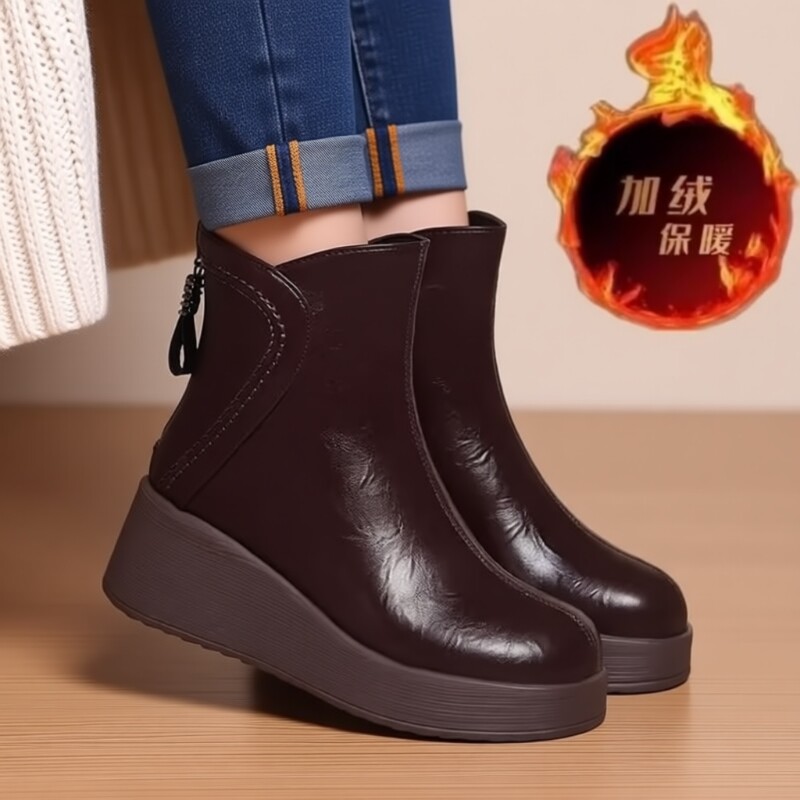 25秋冬新款厚底短靴女棉靴加厚复古名族风平底靴加绒坡跟女靴