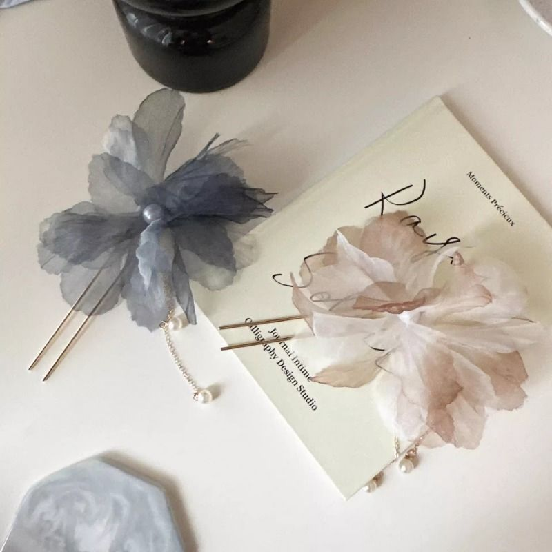 青烟袅袅墨绿色网纱花朵珍珠流苏发簪气质新中式晕染花纱发钗簪子