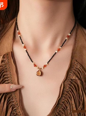 中式流金韵彩小众石榴国风原创项链复古高级气质设计串珠毛衣链