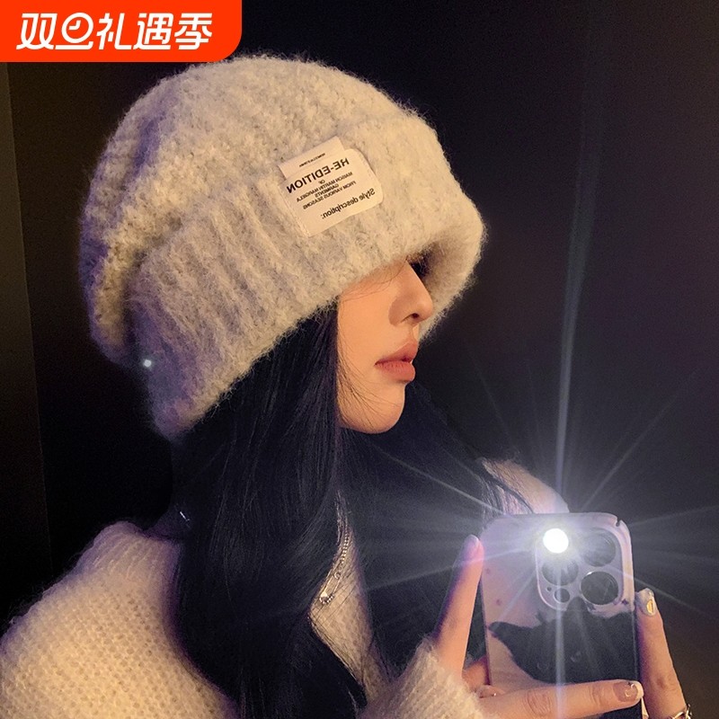帽子女款2025新款冬毛线帽显脸小毛绒冷帽大头围保暖针织帽护耳帽