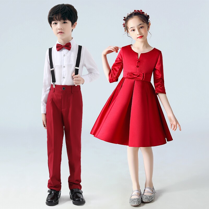 儿童演出服小学生合唱团女童红色舞蹈裙礼服演讲朗诵比赛表演服装