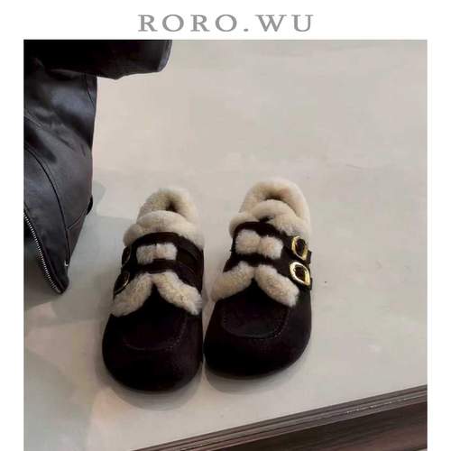 娆娆吴皮带扣一脚蹬外穿拖鞋女秋冬新款半包毛毛博肯鞋女单鞋E07