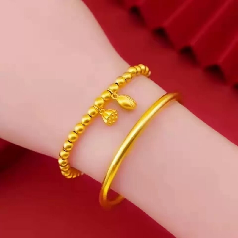 正品黄金色越南沙金里外一色古法传承手镯+两世欢手链久不掉色