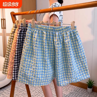 遛弯神裤格子睡裤女夏薄款居家懒人裤直筒休闲阔腿裤外穿居家短裤