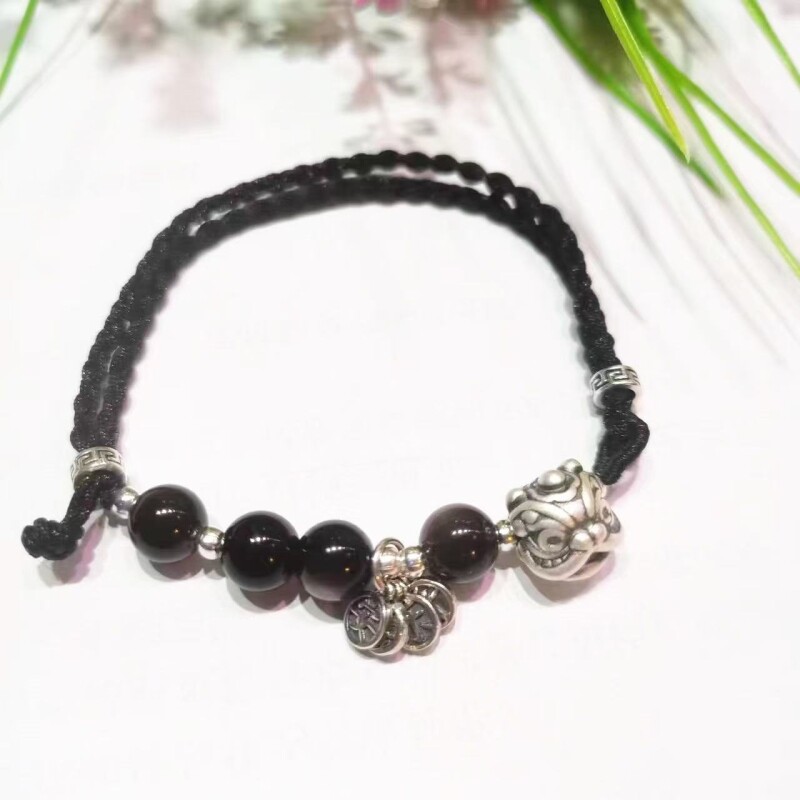 lisv925银醒狮曜石手链瑞兽貔貅平安喜乐配件编织手工情侣饰品