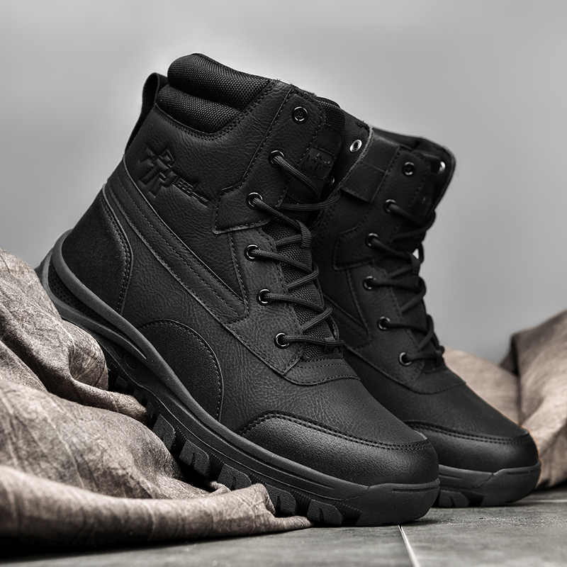 秋冬款黑色高帮男鞋大码45皮面防水46户外登山47战术工装马丁靴