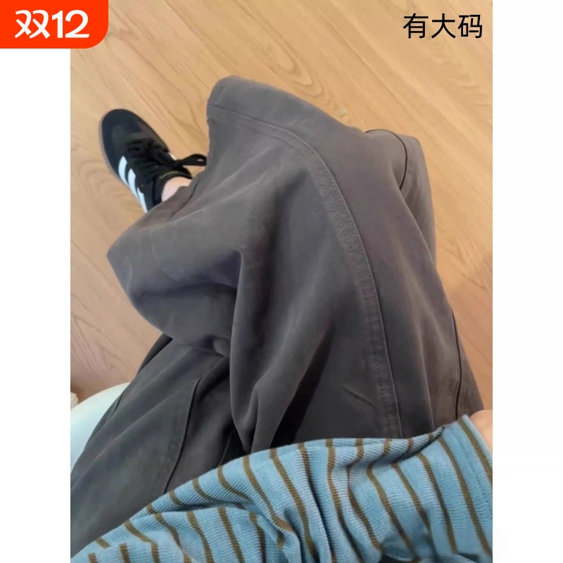 日系九分阔腿气球裤子宽松胖mm遮胯粗慵懒风显瘦休闲裤深灰色日式