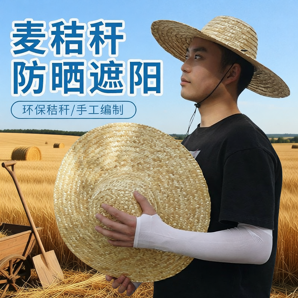 草帽防晒遮阳干活农民工帽子钓鱼工地防雨草编太阳帽大檐防风麦秆