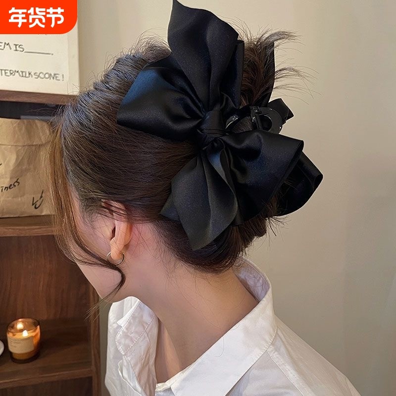 超大号蝴蝶结抓夹发夹女缎面黑色后脑勺不规则百搭高级鲨鱼夹发饰
