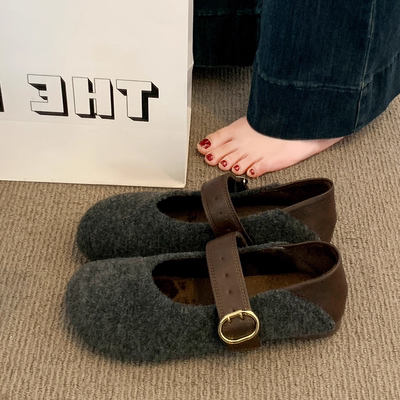 灰色加绒呢子勃肯鞋女2025秋冬新款毛毡平底豆豆鞋毛毛玛丽珍棉鞋