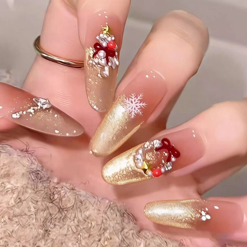 爆款穿戴甲手工轻奢高级感美甲贴片中长款杏仁红色中款带钻醒狮