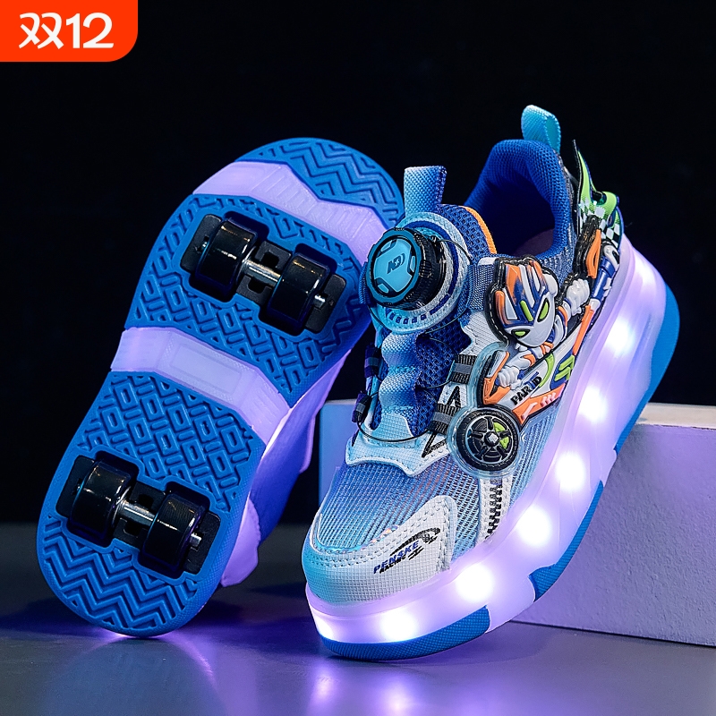 暴走鞋男童2025运动夏儿童新款溜冰鞋男孩四轮发光隐形滑轮鞋纽扣