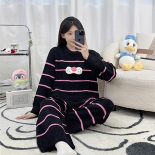 睡衣女冬季套装半边绒家居服可外穿居家红色珊瑚绒可爱库洛米条纹