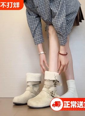 5CM内增高勃肯短靴雪地靴女冬季加绒加厚保暖中筒棉鞋子白色毛绒