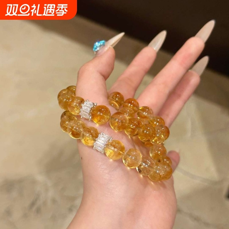 水晶手串锆石手链黄水晶黄塔山招财好运10mm水晶手链好运