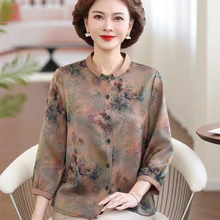 妈妈夏装七分袖国风衬衫上衣中老年女春秋薄款衣服新中式小衫套装