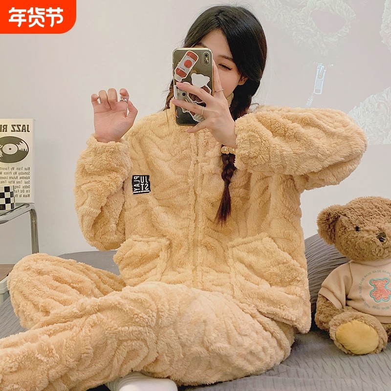 2025新款冬季珊瑚绒女睡衣加厚加绒法兰绒休闲大码套装外出外穿