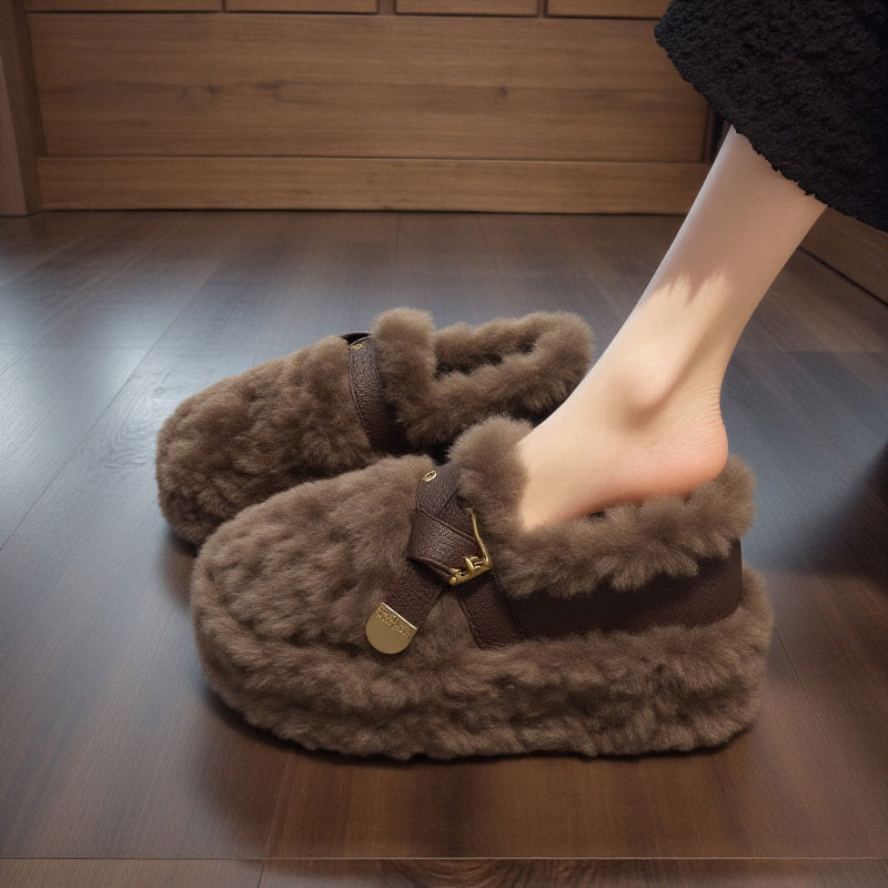 羊羔绒厚底毛毛鞋女2025年新款冬季皮带扣美拉德加绒保暖孕妇棉鞋