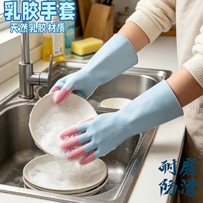 缤彩乳胶洗碗手套橡胶专用胶皮洗衣服柔软舒适防水防滑放油厨房用