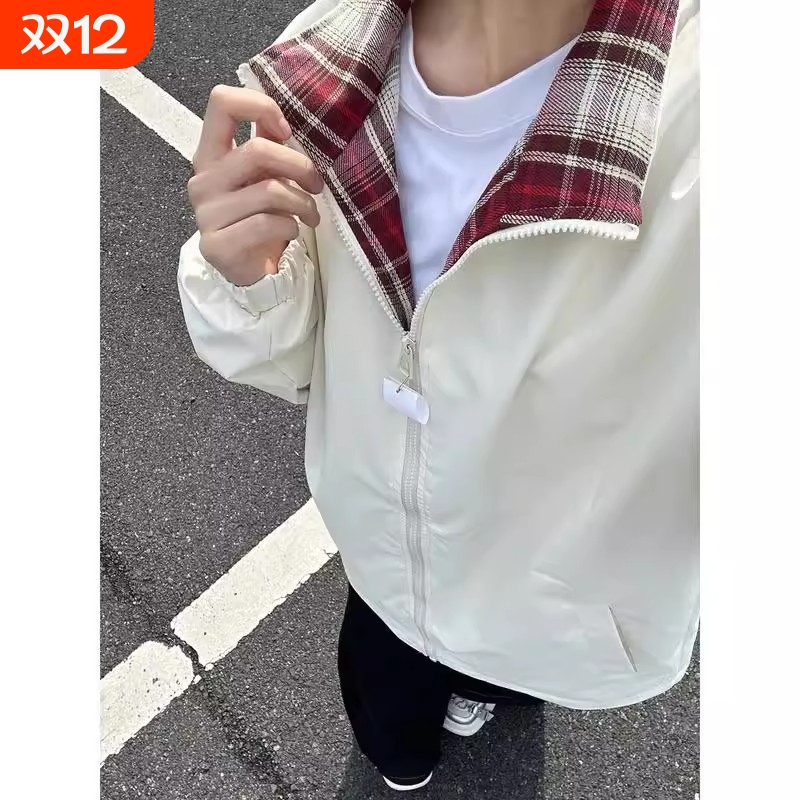 cleanfit格子拼接夹克男款秋季美式复古情侣装外套宽松翻领棒球服