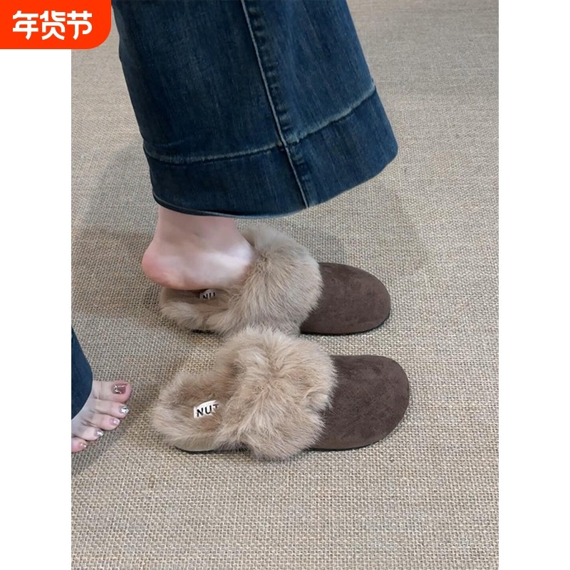 法式平底包头拖鞋女外穿冬季复古加绒保暖勃肯毛毛鞋厚底雪地棉靴,女鞋,毛毛鞋,淘宝优惠券,粉丝福利购,淘宝优惠卷