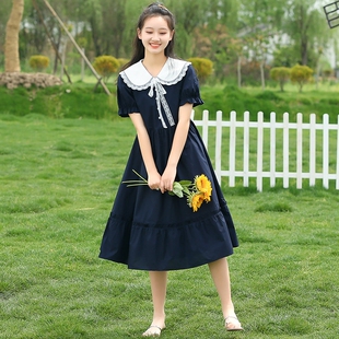 娃娃领学院风少女连衣裙夏季初中学生高中女生夏装长款过膝长裙子