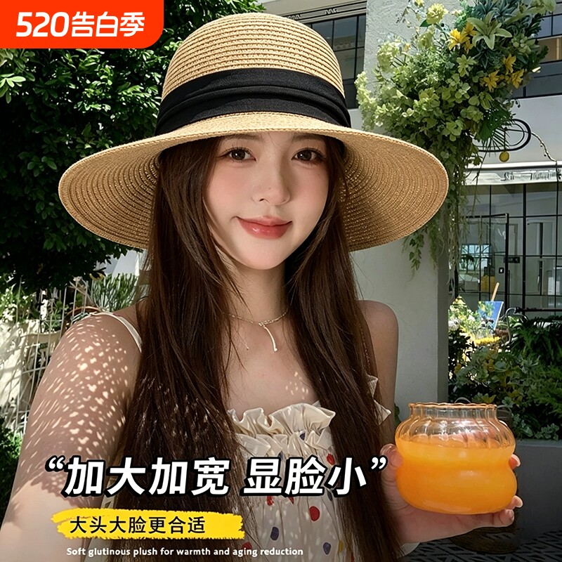 草帽女款2026新款平顶法式大帽檐夏季蕾丝透气海边沙滩遮阳防晒帽