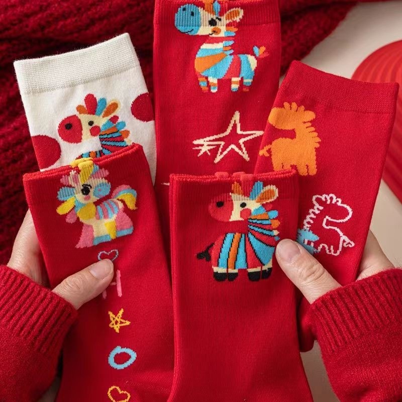 本命年马年红袜子女中筒棉袜2026属马新年秋冬男士大红色情侣长袜
