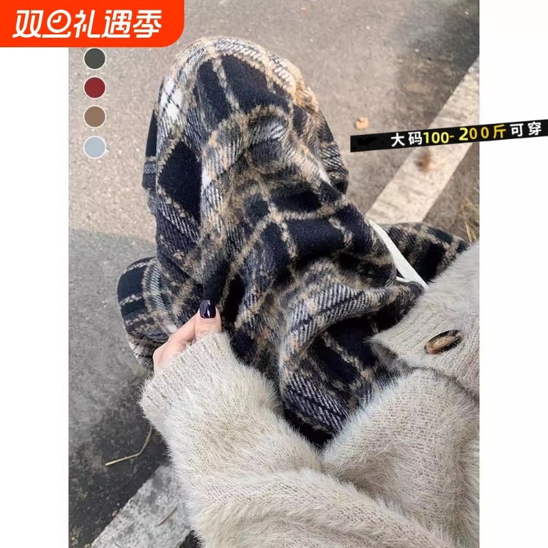 藏青色大码格子裤子女秋冬2025新款高腰垂感阔腿裤休闲加厚毛呢裤