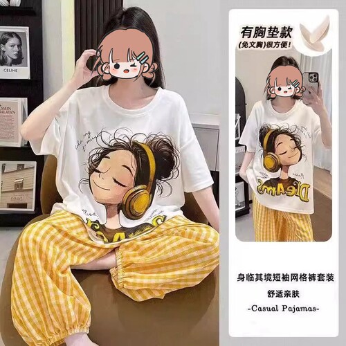 自带胸垫可外穿睡衣套装女短袖夏