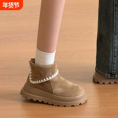 复古加绒勃肯短靴女款2025秋冬新款圆头百搭厚底马丁靴绒面短筒靴