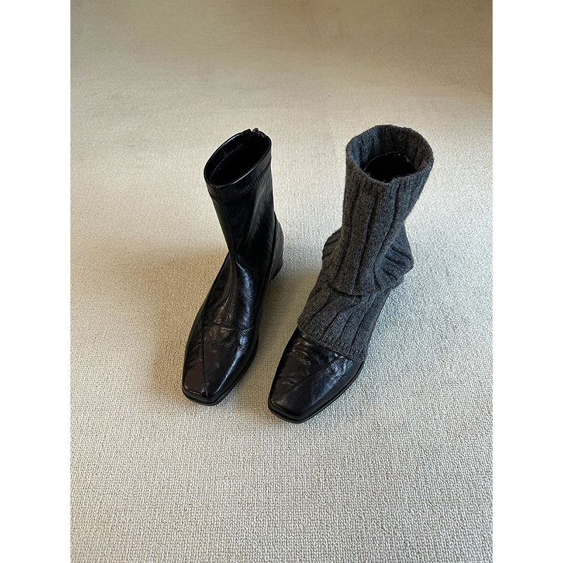 牛皮版~弹力瘦瘦靴女方头显瘦气质短靴粗跟小裸靴冬季黑色防水台