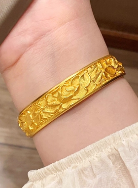 宽版牡丹花手镯越南沙金女黄金色实心轮胎花朵新中式复古镯子宽面