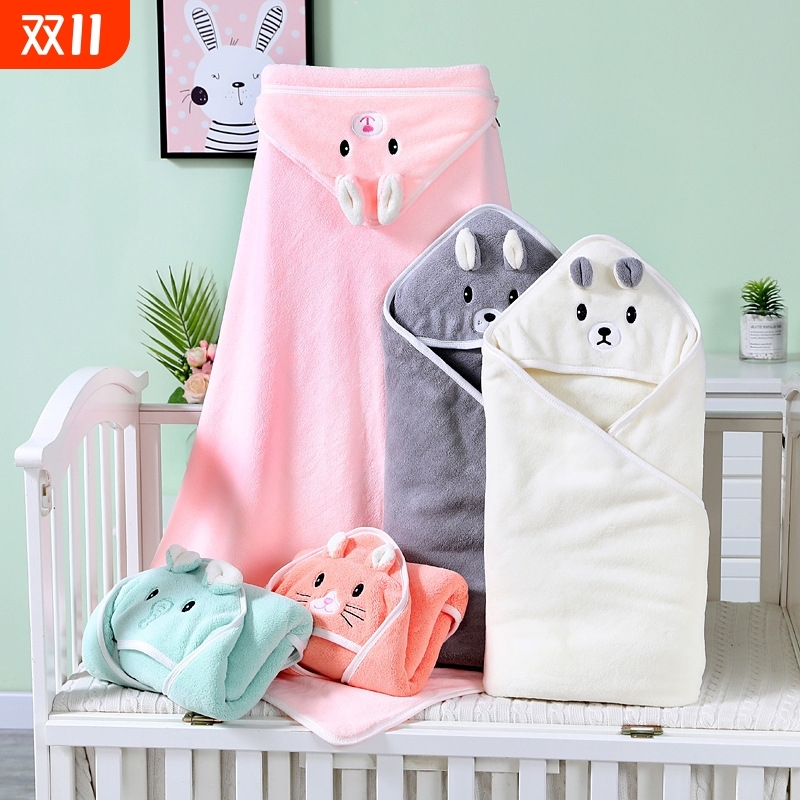 婴儿童浴巾新生抱被包巾包被珊瑚绒裹巾刺绣抱毯闭眼连帽斗篷小象