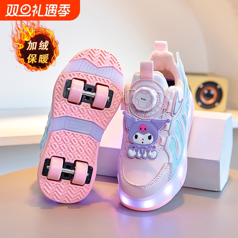 暴走鞋女童秋冬季加绒儿童带轮子运动学生隐形轮滑鞋发光滑轮四轮