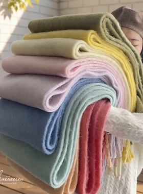 蓝色围巾冬季毛绒纯色大拉毛保暖学生白色黑色绿色雾霾蓝粉色流行