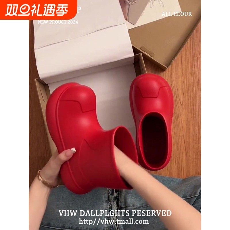 红色雨鞋女款2025年新款防水防滑短筒雨靴厚底轻便外穿一脚蹬水鞋