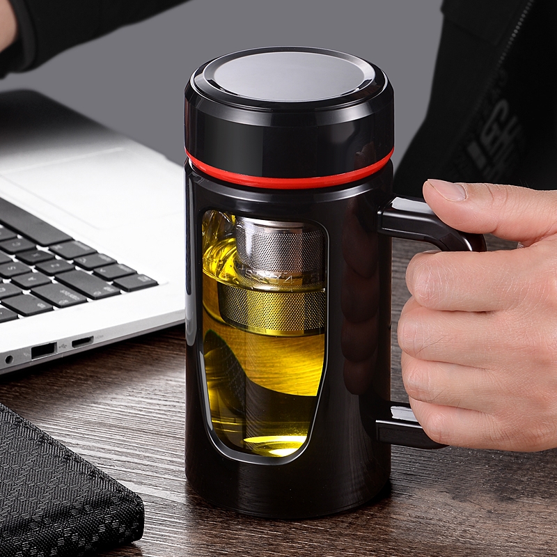 高硼硅双层玻璃杯水杯防摔男带把手办公室泡茶杯带盖大容量家用