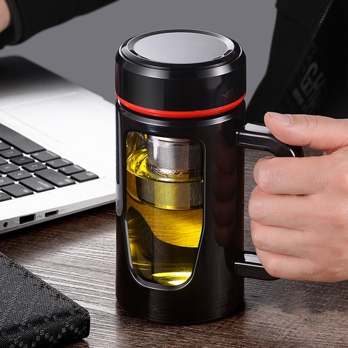 高硼硅双层玻璃杯水杯防摔男带把手办公室泡茶杯带盖大容量家用