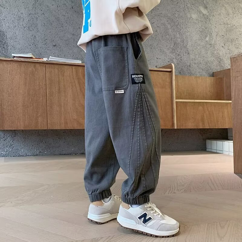 男童裤子春秋新款装季中大童长裤夏薄12岁儿童工装孩休闲黑色加绒
