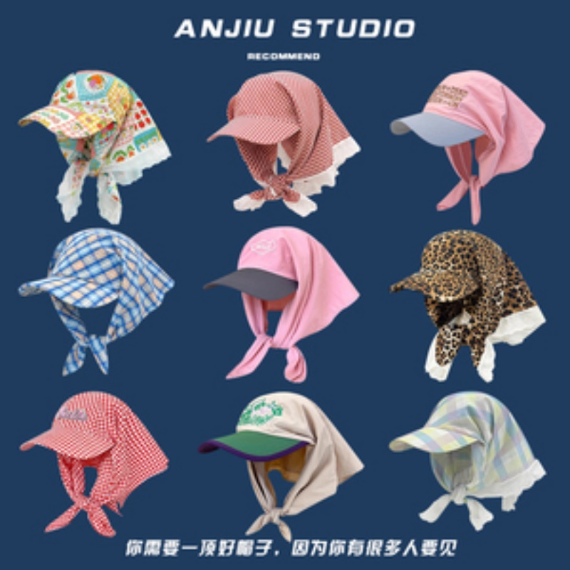 韩版绑带头巾包头帽子女夏季遮阳防晒格纹田园风三角巾鸭舌帽时尚
