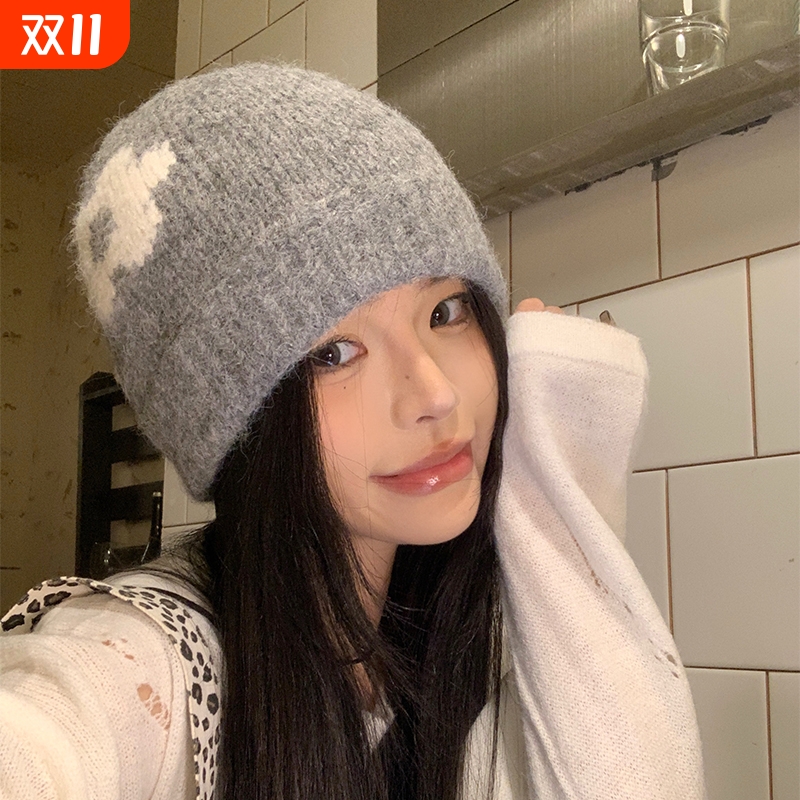 甜美可爱小花针织毛线帽子女秋冬显脸小保暖弹力大头围套头冷帽