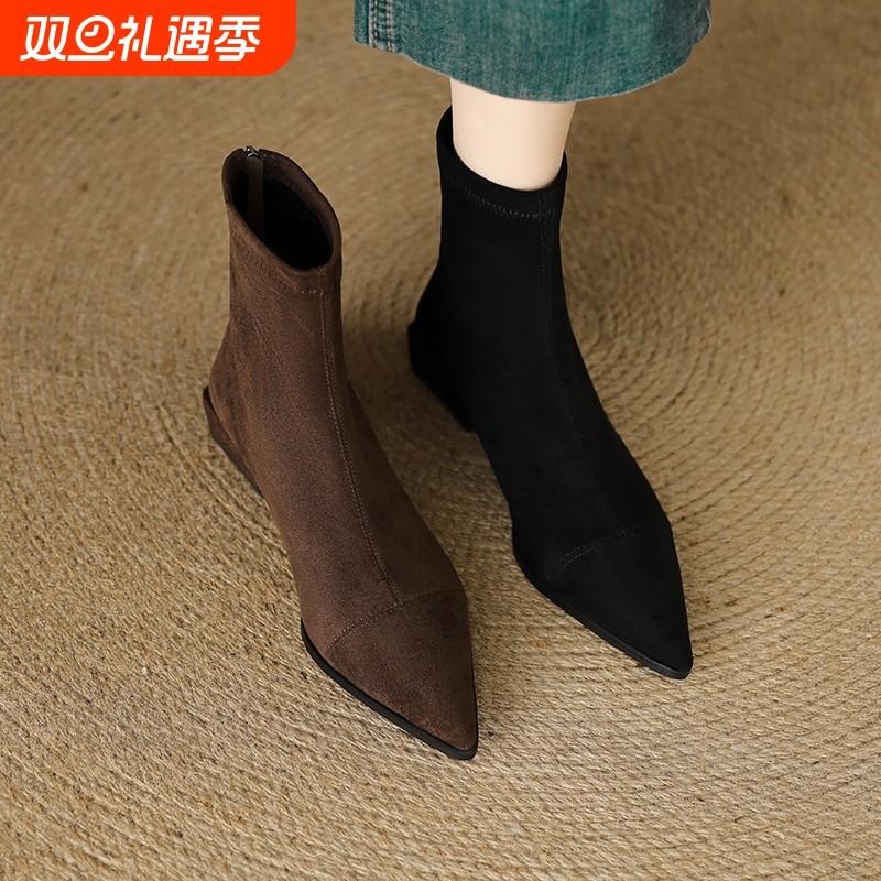 弹力瘦瘦靴女2025新款秋冬显瘦裸靴平底法式尖头短靴粗跟黑色中跟
