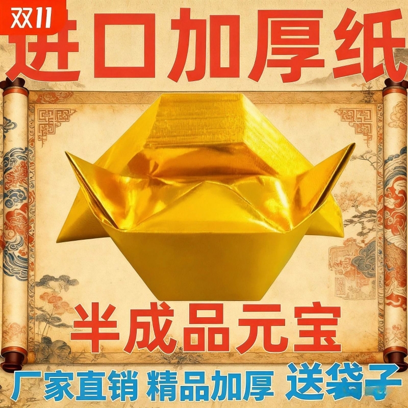 金元宝半成品银元宝手工折纸金纸锡箔纸加厚切角半成品元宝锡箔纸烧纸钱金条金砖元宝半成品整箱批发包邮