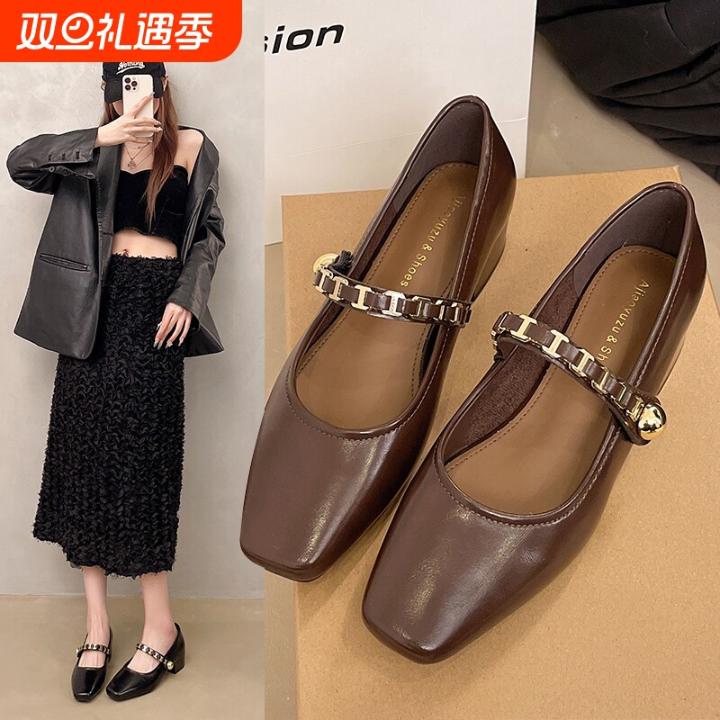 法式复古方头玛丽珍鞋女春时尚粗跟浅口单鞋百搭一字带小皮鞋鞋子