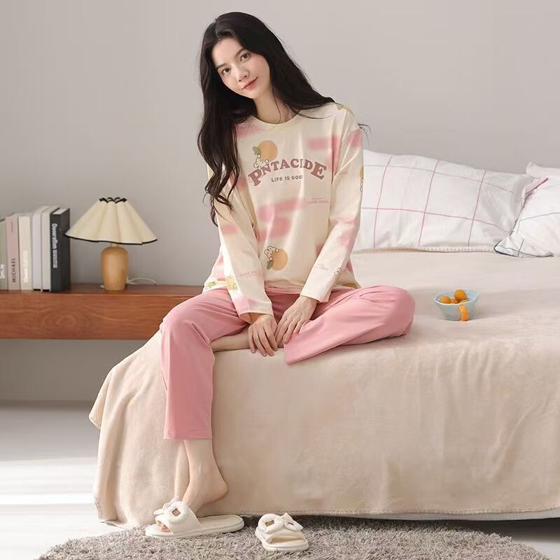 纯棉睡衣女纯棉春秋长袖长裤2025新款卡通女士带胸垫家居服套装
