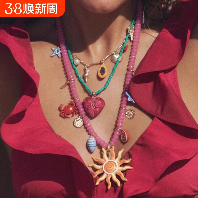 波西米亚海洋风项链度假太阳爱心吊坠手工串珠锁骨链饰品女多巴胺