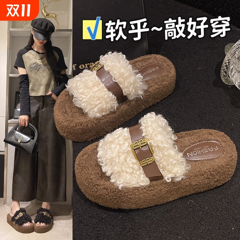 毛绒拖鞋女外穿2025新款秋冬厚底增高网红超火高级感居家棉拖鞋子