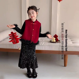 女童拜年服2026冬装新中式新年战袍套装儿童过年服装裙子加绒红色