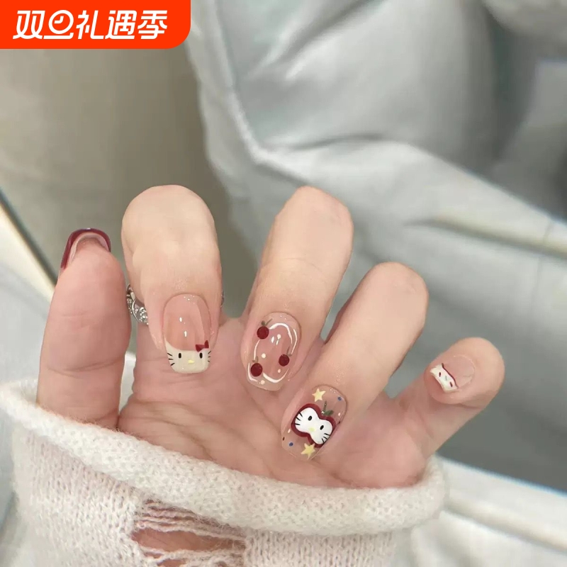 超可爱苹果kitty显白儿童穿戴甲美甲短甲片手工ins法式新年黑皮